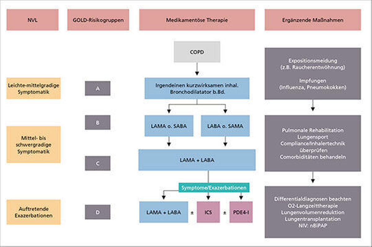 Abb. 1: Darstellung der pharmakologischen und nicht-pharmakologischen Therapie der COPD. Die Darstellung erfolgte getrennt entsprechend der Empfehlungen der NVL (Nationale Versorgungsleitlinie) -Leitlinie bzw. der GOLD (global initiative for chronic obstructive lung disease) -Empfehlung.