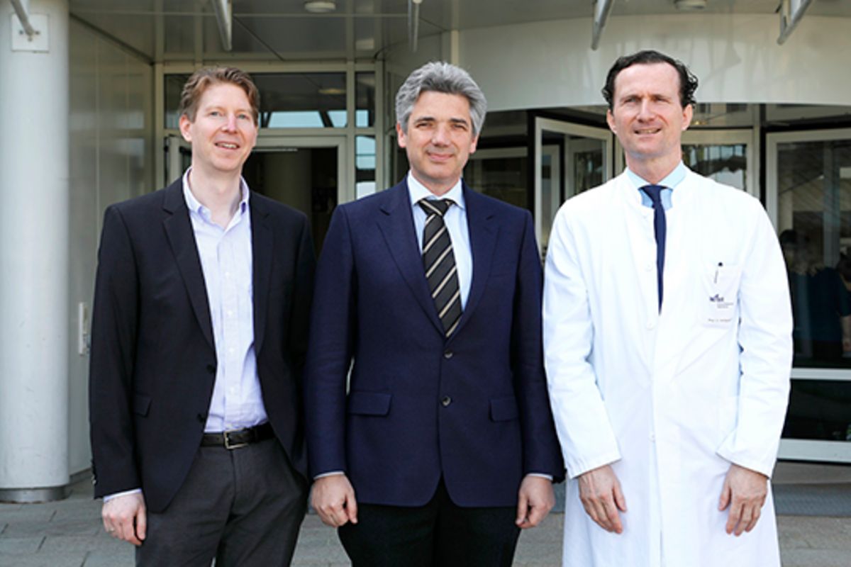 Professor Dr. Markus Feuerer, Inhaber des Lehrstuhls für Immunologie am Regensburger Centrum für Interventionelle Immunologie (RCI), Professor Dr. Philipp Beckhove, Direktor des RCI, Professor Dr. Wolfgang Herr, Direktor der Klinik und Poliklinik für Innere Medizin III des UKR und Professor Dr. Matthias Edinger, Leiter des José-Carreras-Centrums für Somatische Zelltherapie (nicht im Bild), forschen an neuen Immuntherapieansätzen gegen Krebs. © UKR/Domenica Golka